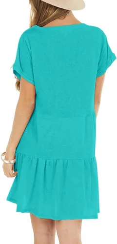 Vista 3 de Vestido de manga corta para mujer, casual, liso, flexible, flojo con volantes