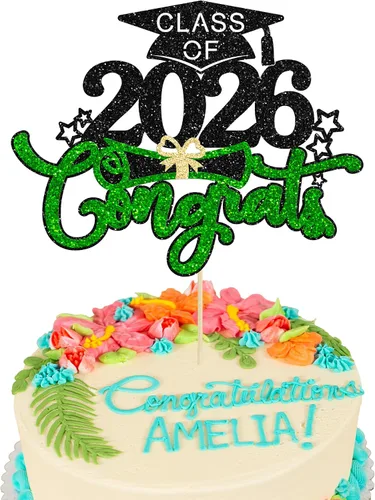 Vista 24 de 1 pieza de decoración para tartas con tapa de graduación con purpurina para la clase de 2026, decoración de pastel de graduación para graduación