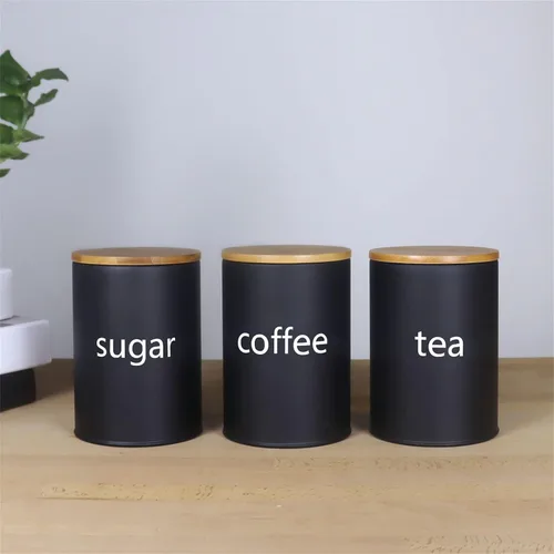 Vista 2 de SOTECH Juego de 3 recipientes de metal para almacenamiento de alimentos con tapas de bambú, juego de 3 recipientes decorativos para encimera