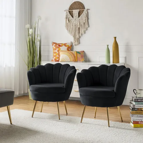 Vista 39 de HULALA HOME Silla decorativa moderna de terciopelo con respaldo en forma de concha, bonito sillón para sala de estar, dormitorio con patas doradas