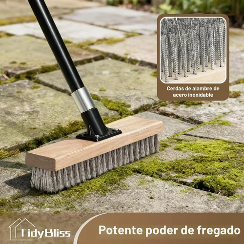 Vista 2 de TidyBliss Cepillo de alambre de acero inoxidable con mango largo, escoba rígida de metal resistente, removedor de musgo para exteriores para piso