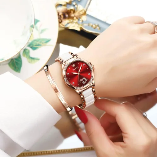 Vista 3 de OLEVS Relojes automáticos para mujer, mecánicos, con esfera de corazón de diamante, oro rosa, banda de cerámica, impermeable, con fecha luminosa