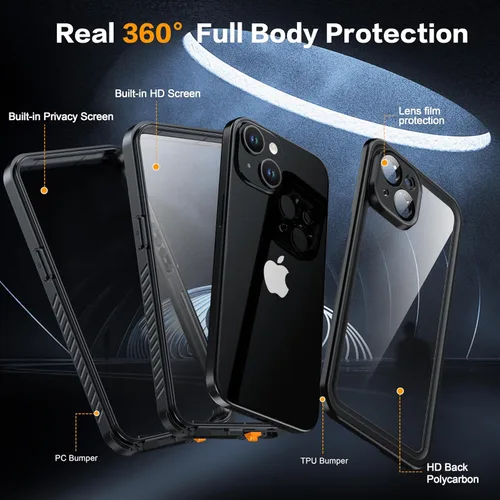 Vista 3 de Funda impermeable para iPhone 15, protector de pantalla de privacidad integrado y protector de pantalla HD [IP68 bajo el agua] a prueba de golpes a