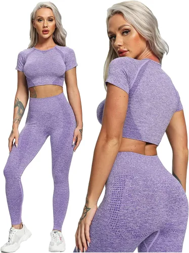 Vista 5 de YOFIT Women's Workout Outfit 2 Pieces Seamless High Waist Yoga Leggings with Long Sleeve Crop Top Gym Clothes Set