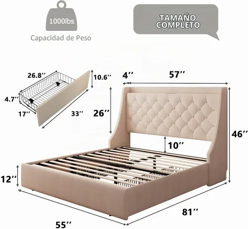 Vista 7 de Feonase - Base de cama tapizada tamaño matrimonial, 4 cajones para almacenar, puerto tipo C y USB, estación de carga, cabecera con respaldo capitoné