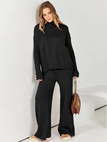 Vista 6 de ANRABESS Conjunto de 2 piezas para mujer, suéter de punto de manga larga, pantalón de pierna ancha, ropa de descanso, moda 2025