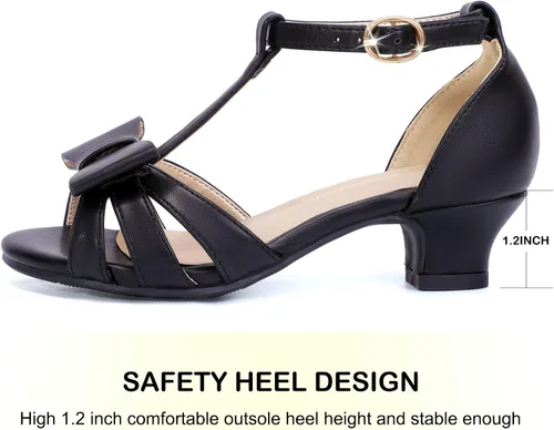 Vista 7 de PANDANINJIA Lilly Zapatos de vestir para niñas con tacón y correa en T, puntera abierta, lazo para niños pequeños y grandes, zapatos para niñas