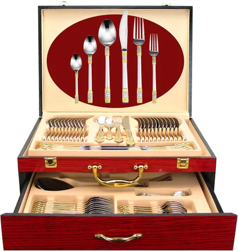 Vista 13 de Juego de cubiertos de lujo de 75 piezas para 12 con estuche de almacenamiento de madera, servicio de cubiertos de comedor de alta calidad, cubiertos
