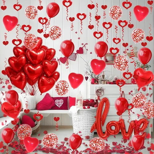 Vista 7 de Fecedy Globo de papel de aluminio en forma de amor y corazón, globos de látex redondos y en forma de corazón, globo de confeti, pétalos falsos