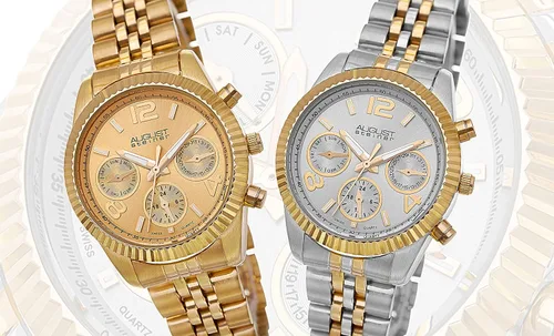 Vista 6 de August Steiner AS8103 - Reloj multifunción para mujer, 3 subesferas día, fecha y GMT - Bisel con bordes de monedas en pulsera de acero inoxidable