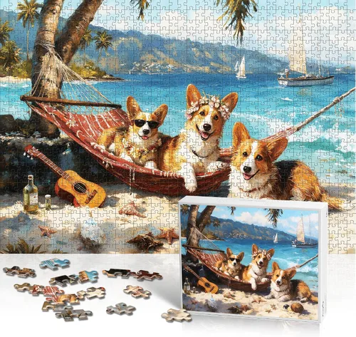 Vista 9 de Rompecabezas para adultos de 1000 piezas, rompecabezas de 1000 piezas con letras en la parte posterior, rompecabezas de perro Corgi Happy Beach