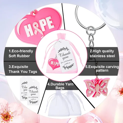 Vista 3 de Taiyin Breast Cancer Awareness Gifts Pink Breast Cancer Keychain Bulk Pink Ribbon Butterfly Heart Keychains Breast Cancer