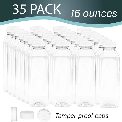 Vista 2 de Botellas vacías de plástico PET de 16 oz para jugo - Paquete de 35 recipientes reutilizables transparentes para leche desechable, a granel con tapas