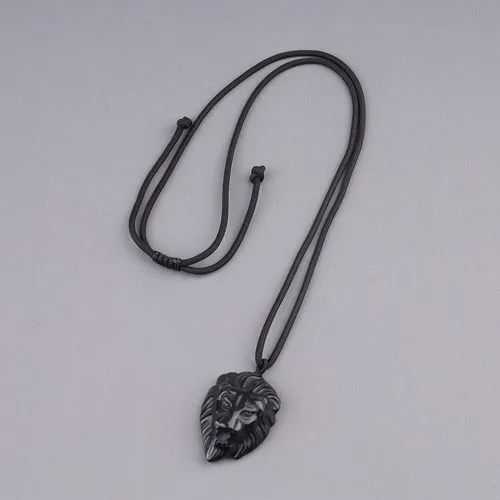 Vista 5 de COAI Collar con colgante de cabeza de león de obsidiana negra para hombre