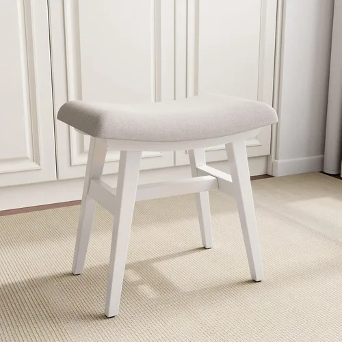 Vista 14 de Taburete de tocador pequeño de madera maciza, silla de maquillaje compacta con cojín de sillín, asiento de esponja de alto rebote cubierto de lino