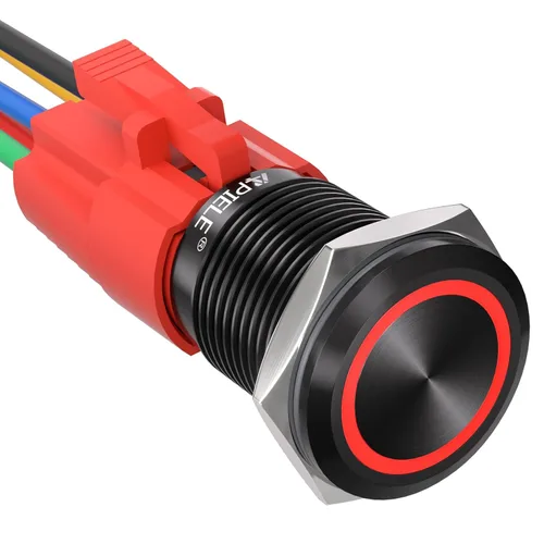 Vista 9 de APIELE - Interruptor de botón de encendido de pestillo de 16mm, 12 V CC, carcasa negra con cabeza de ojo de ángel LED para orificio de montaje
