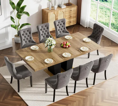 Vista 22 de Juego de mesa de comedor extensible marrón de 63 a 78.74 pulgadas para 4, juego de mesa de comedor de 5 piezas con 4 sillas, mesa de cocina