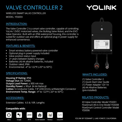 Vista 2 de Kit de control de válvula inteligente inalámbrico YoLink, válvula motorizada de acero inoxidable certificada NSF de 1/2", controlador inalámbrico 2