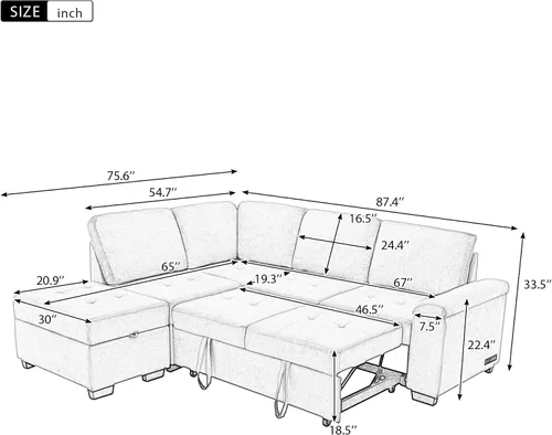 Vista 2 de Velvet Sleeper Sectional Sofa- L-Shape Corner Couch Sofa-Bed with Storage Ottoman & Hidden Arm Storage & USB Charge for Living Room Apartment Grey