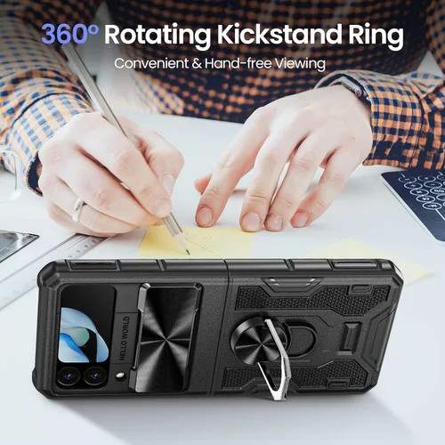 Vista 6 de VEGO para Galaxy Z Flip 4 Funda con Cubierta de Lente Deslizante, Protección de Bisagras y Soporte Magnético Giratório de 360º Incorporado, Funda