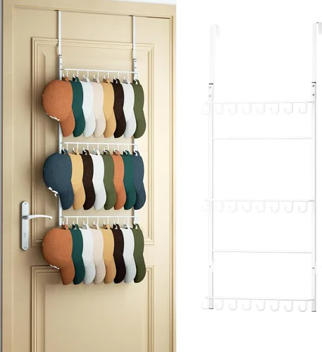 Vista 11 de HapiRm Perchero para Puerta - Organizador de Sombreros de 3 Niveles Montado en la Pared con 16 Ganchos y 10 Clips Móviles, Organizador de Sombreros