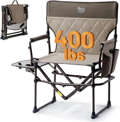Vista 19 de TIMBER RIDGE Silla de camping resistente con tamaño compacto, silla de directores portátil con mesa auxiliar y bolsillo para camping, césped