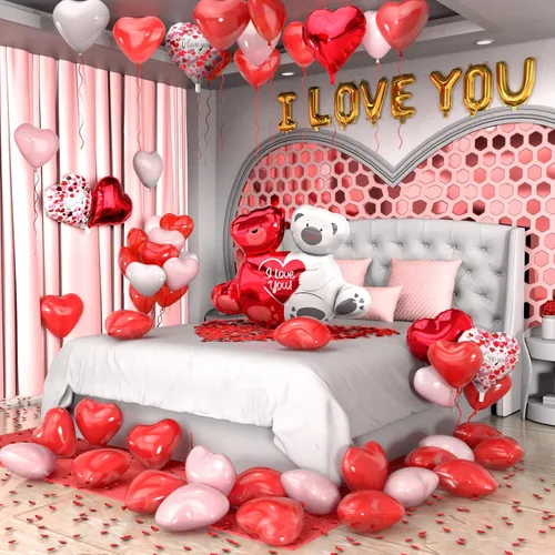 Vista 9 de Kit de globos para el día de San Valentín, globos con texto en inglés "I Love You", globos de corazón blanco y rojo, pétalos de rosa para el día