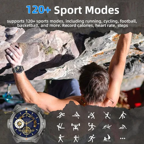 Vista 7 de Reloj inteligente militar para hombre, contestar/hacer llamadas, reloj inteligente HD de 1.46 pulgadas con oxígeno en sangre, frecuencia cardíaca