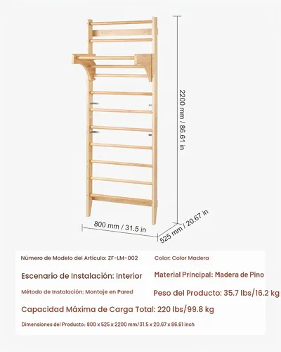 Vista 7 de VEVOR - Escalera sueca de pared, 8 en 1, barras de pared de madera maciza de 15 niveles, juego de escalada de gimnasio de selva interior de 220