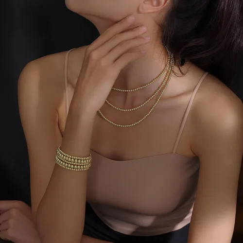 Vista 6 de Pulsera para mujer con cuentas chapadas en oro de 14 quilates, pulsera elástica de cuentas redondas
