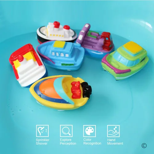 Vista 4 de Juguetes flotantes de baño para bañera (6 unidades), juguetes de barco de baño suaves para bebés, juguetes de agua de aprendizaje de bañera
