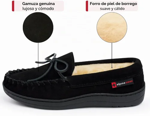 Vista 3 de Alpine Swiss Sabine - Pantuflas tipo mocasín para mujer, zapato de casa de gamuza auténtica, plantilla de espuma viscoelástica, piel de oveja Negro