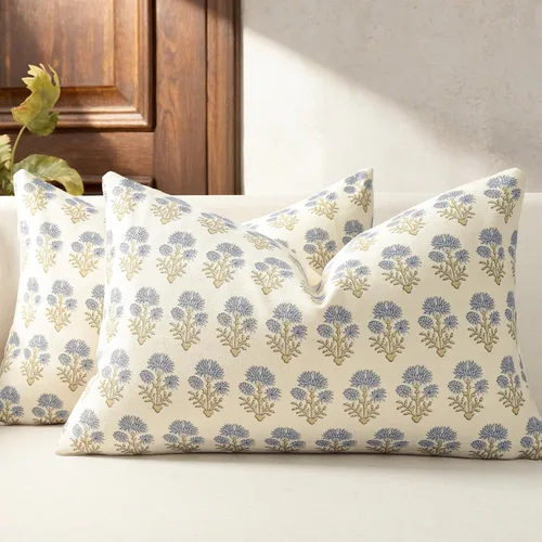 Vista 22 de Juego de 2 fundas de almohada florales de 20 x 20 pulgadas, fundas de almohada con diseño botánico campestre para sofá, cama, sala de estar, fundas