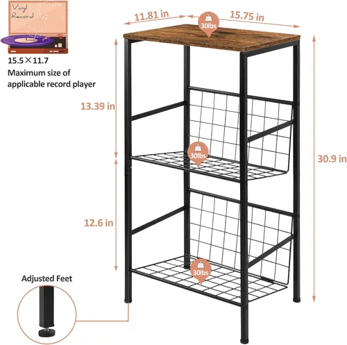 Vista 2 de Soporte para tocadiscos con almacenamiento de discos de vinilo de 3 niveles, soporte giratorio pequeño con soporte para discos de almacenamiento
