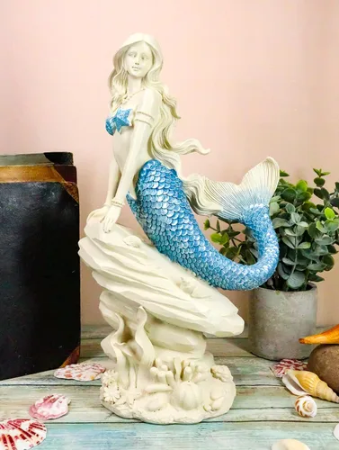 Vista 8 de Ebros Gift Figura náutica marina de sirena de cola azul aguamarina sentada en el mar roca figura 11.5 pulgadas de alto océano aguamarina princesa