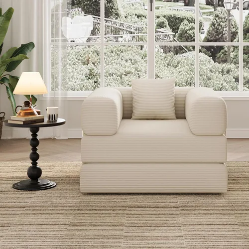 Vista 7 de Sofá individual para espacios pequeños, sofá convertible 2 en 1, cómodo puf para adultos con funda extraíble con almohadas para dormitorio, Beige