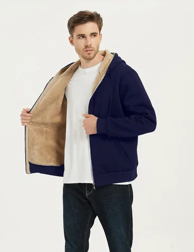Vista 3 de Flygo Chaqueta con capucha Sherpa para hombre, forro polar, con cremallera, cálida, sudadera con capucha para invierno