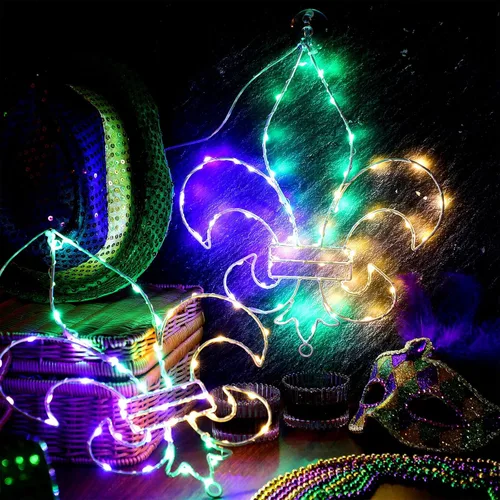 Vista 2 de Rossesay 2 luces de ventana de Mardi Gras, decoración de ventana de Mardi Gras, flor de lis, luz colgante con ventosa, control remoto, funciona