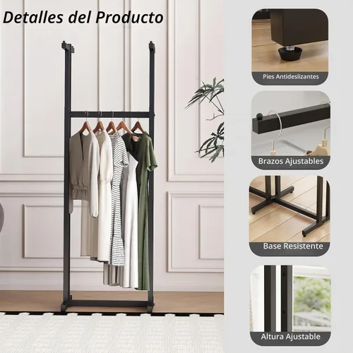 Vista 4 de Percheros de Ropa Negros con 4 Brazos Rectos, Perchero de Metal para Colgar Ropa, Perchero Independiente Heavy Duty, 46" a 63" de Altura Ajustable