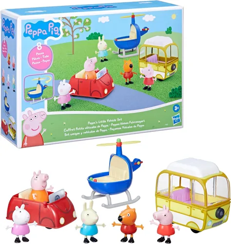 Vista 9 de Peppa Pig Peppa's Little Vehicle Playset para niñas y niños, incluye helicóptero, cámper y automóvil, y juego de 5 figuras, juguetes preescolares, a