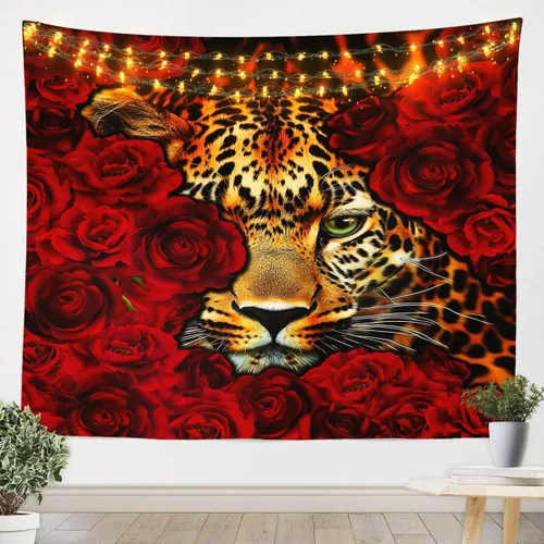Vista 3 de Tapiz femenino de flores de rosas rojas, tapiz de pared para el día de San Valentín, decoración de habitación de niñas y mujeres, cielo estrellado