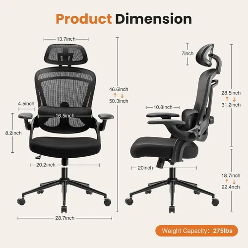 Vista 2 de Silla de oficina ergonómica de malla, silla de escritorio de computadora con respaldo alto con reposacabezas ajustable y soporte lumbar, silla