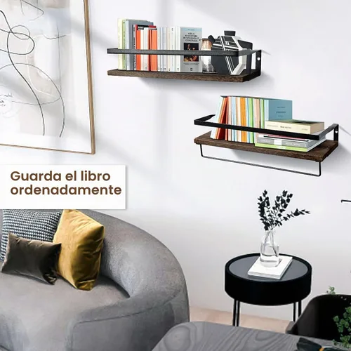 Vista 7 de AGM Juego de 2 estantes flotantes, estantes de almacenamiento de pared con 1-marrón oscuro+barra de toalla