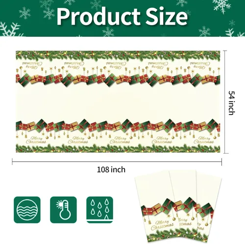 Vista 5 de Mantel navideño desechable de plástico, 3 piezas de 54 x 108 pulgadas, mantel rectangular de vinilo blanco de Navidad con la frase "Merry