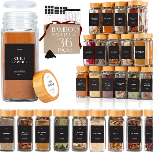 Vista 7 de FINESSY Tarros de especias de vidrio grueso con tapas herméticas y Paquete de 24 Estilo Minimalista