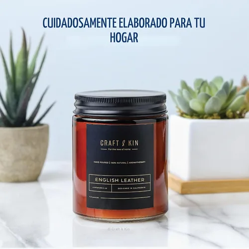 Vista 4 de Craft & Kin - Vela perfumada de cuero inglés de alta calidad, larga duración, 45 horas de tiempo de combustión, vela perfumada de soja natural
