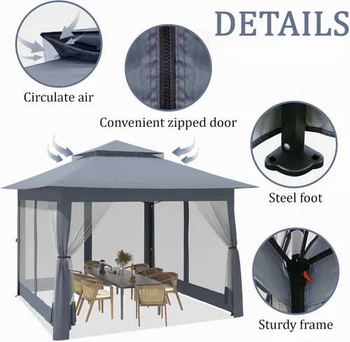 Vista 4 de yoyomax Gazebo desplegable para exteriores de 13 x 13 pies, tienda de campaña portátil con red, techo doble y 169 pies cuadrados de sombra