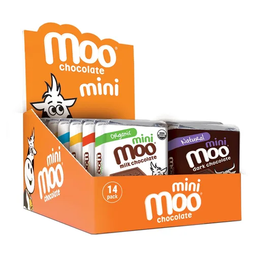 Vista 29 de Moo Chocolates ' Mini barras de chocolate negro sólido natural, 0.7 onzas (14 unidades)