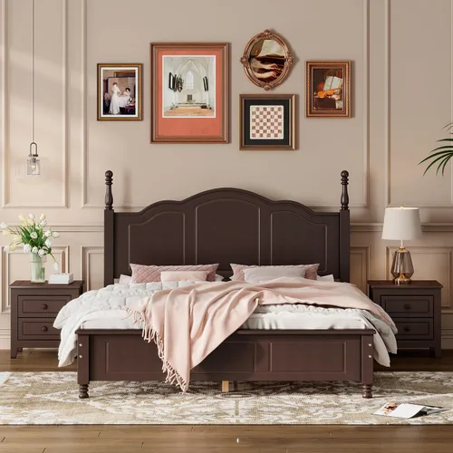 Vista 10 de Polibi Juego de dormitorio de 3 piezas con plataforma retro de tamaño matrimonial y 2 mesitas de noche, marco de cama de madera maciza con cabecera