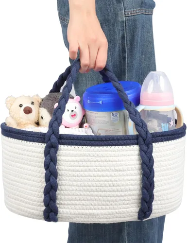 Vista 9 de Organizador de pañales portátil para cambiador, regalos de baby shower, artículos esenciales para recién nacidos, cuerda de algodón, cesta de Blanco